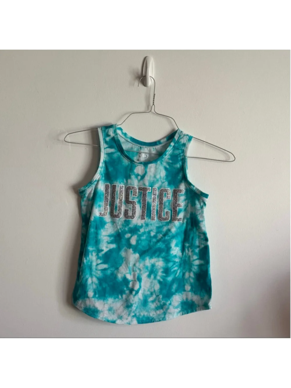 Girls Justice Teal White Tie-Dye Glitter Tank Top Size 10